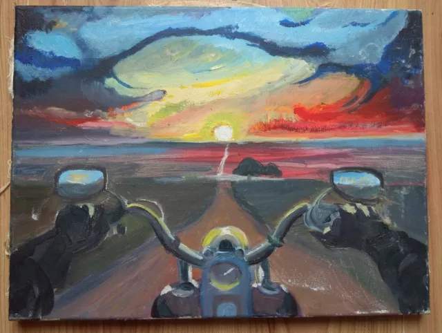 RARE Vintage Oil Painting Impressionism sun motorcycle sunset road ride