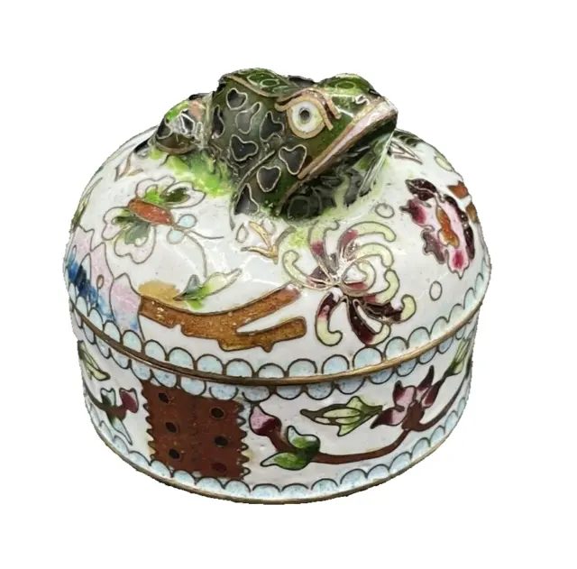 Vintage Cloisonne Green Black Frog Toad Water Lilies Butterflies Trinket Box