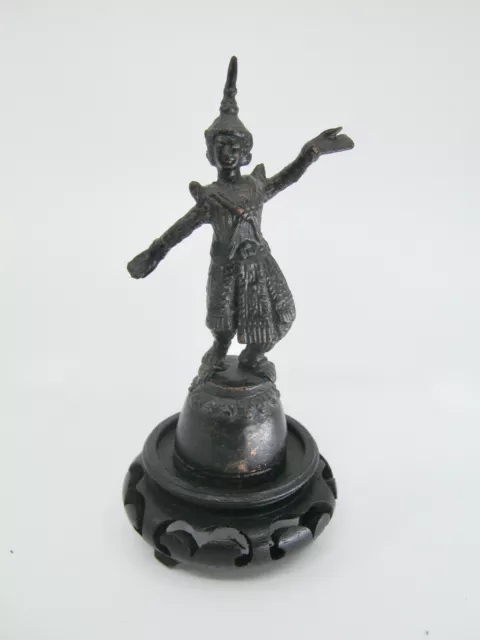 Bronze Bell Woman Dancer on Carved Wood Stand Made in Angkor Cambodia 4 Inches