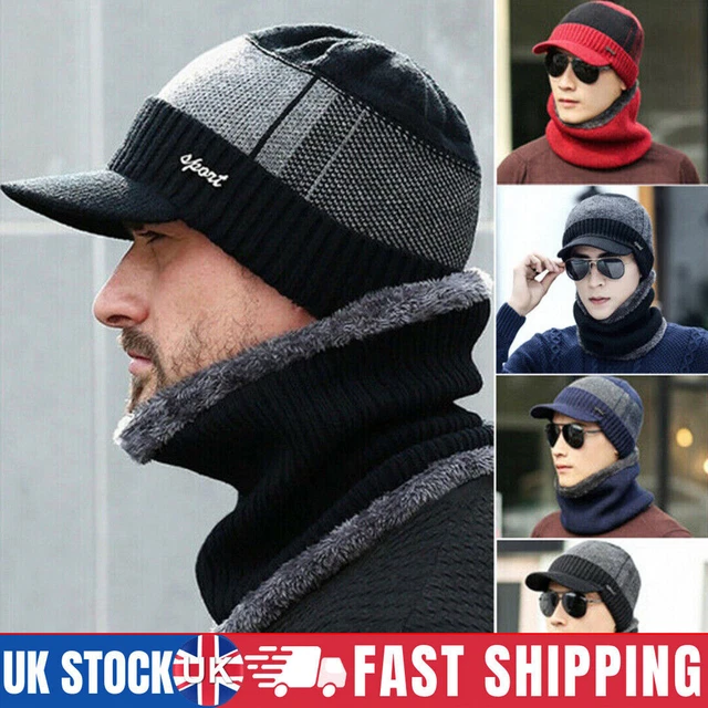 Men's Winter Kintted Cap Scarf Outdoor Fleece Lined Warm Ski Beanie Fashion Hats