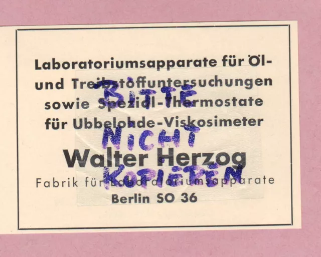 BERLIN, Werbung 1952, Walter Herzog Fabrik Laboratoriumsapparate Öl Treibstoff
