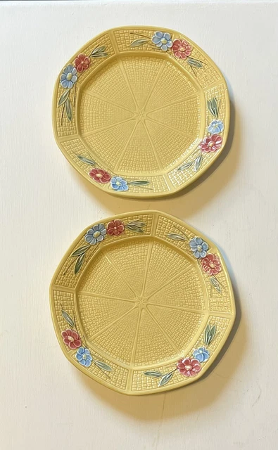 Pair VintageZell Majolica LDBC Plates Floral 9” Basketweave Germany Hand Painted