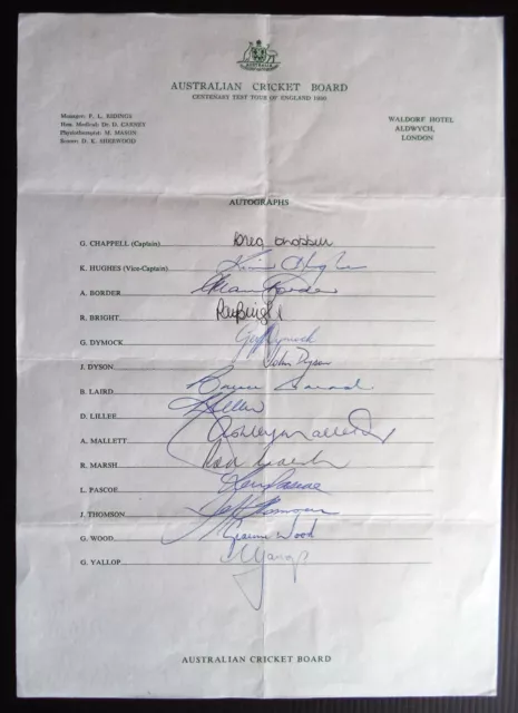 Australia To England 1980 Centenary Test Cricket Autograph Team Sheet