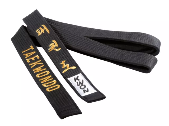 Taekwondo Gürtel schwarz, 4 cm mit Bestickung  von Kwon. Gr. 240 - 320cm.  TKD