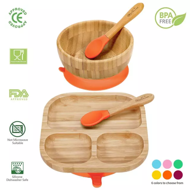 Vinsani Bamboo Bowl, Square Plate and Spoon Set Suction Plate Stay-Put