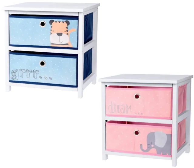 2 Drawer Storage Unit Wooden Blue Pink Kids Childrens Bedroom Clothes Toy Box