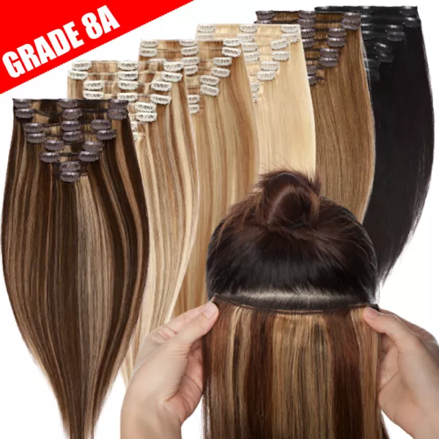 8-24Inch 8PCS Clip in 100% Real Remy Human Hair Extensions Full Head Lowlights