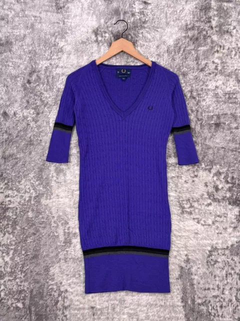 Fred Perry Sweater Dress Womens Purple Merino Wool Cable Knit Mini Size US 4