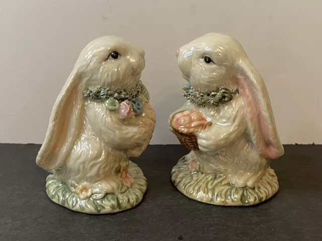 Pair VTG 60s Lustreware White Bunny Rabbits Easter Porcelain Luster Tiny Defect