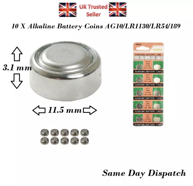 10 x Eunicell AG10 Alkaline 1.5V LR1130 189 LR54 Coin Battery Batteries NX2