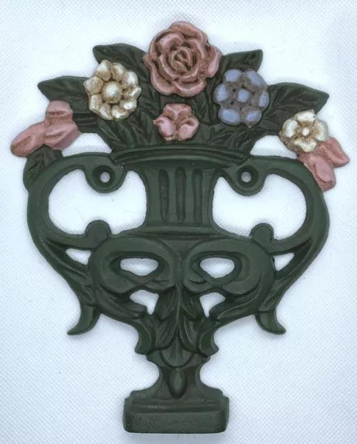 Vintage Cast Iron/Metal Ornate Wall Decor. Flowers Pink Green