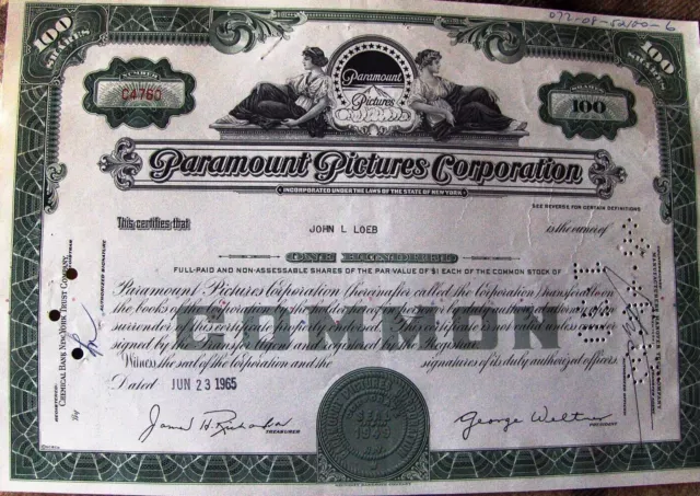 Stock certificate Paramount Pictures Corporation dated 1960's 100 shares