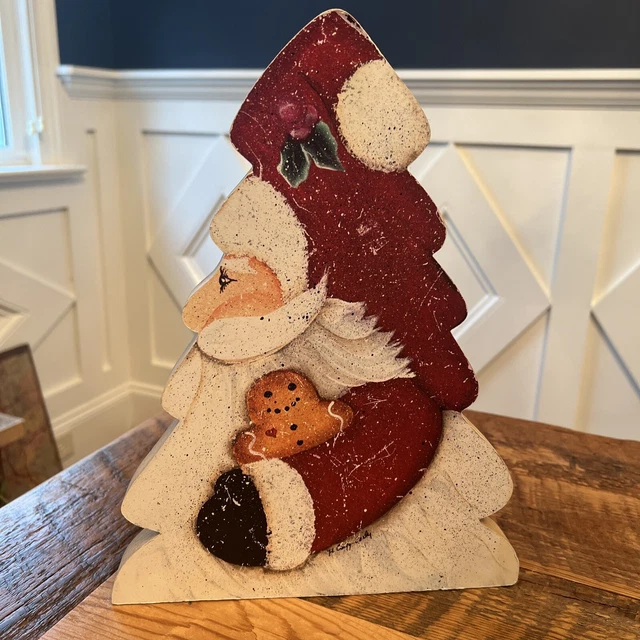 VTG Primitive Standing Santa Claus Wood Signed Christmas Decor