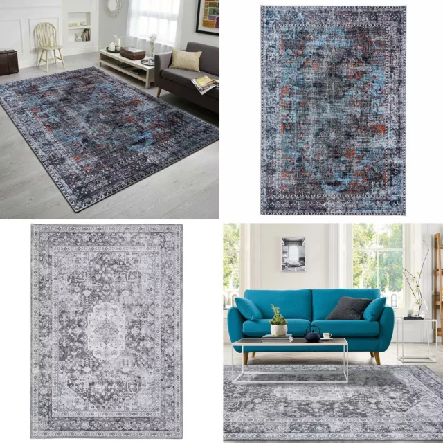 Large Room Area Rug Charcoal Grey Blue Runner Distressed Floral Retro Carpet