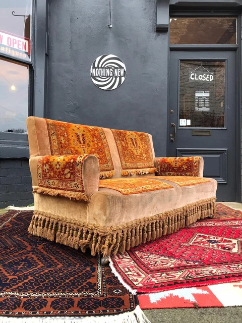 19th Century Antique Victorian Tasselled Carpet & Velvet Sofa Country House