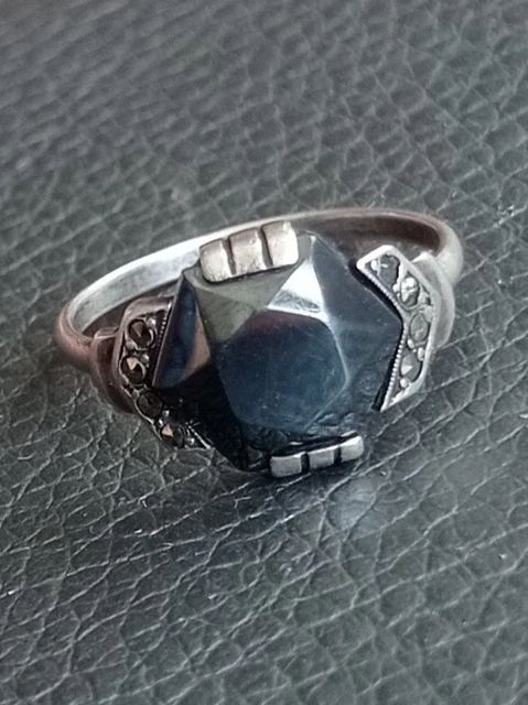 Bague Vintage Argent Massif Et Onyx Noir - Taille 54 - Style Années 70 Rétro - Occasion