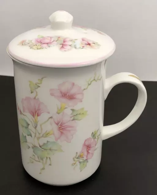 St. George Bone China 5” Tea/Coffee Mug w/Lid Pink Morning Glories England EUC