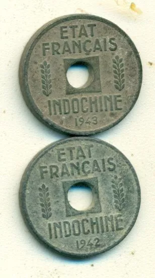 2 NICE OLDER 1/4 CENT COINS from FRENCH INDO-CHINA DATING 1942 & 1943