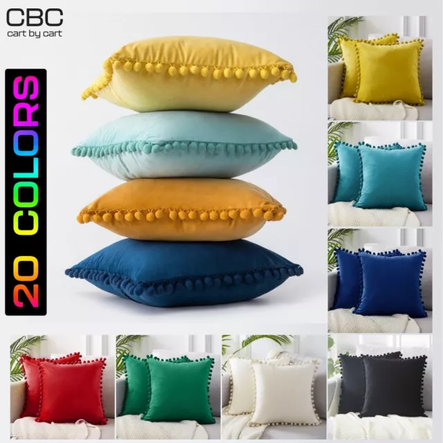 Velvet Cushion Cover Pom Pom Ball Fringe Soft Home Decor Sofa Throw Pillow Case