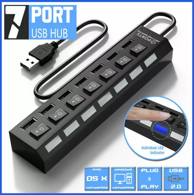 USB HUB 7 Port High Speed 2.0 USB Multi Splitter Desktop PC Laptop Adapter UK