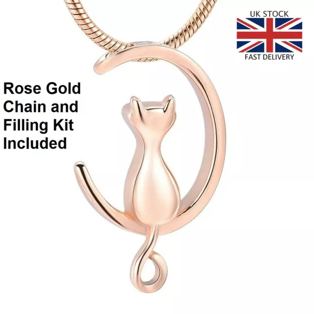 Cat Moon Pet Cremation Urn Pendant Ashes Rose Gold Necklace Funeral Memorial UK