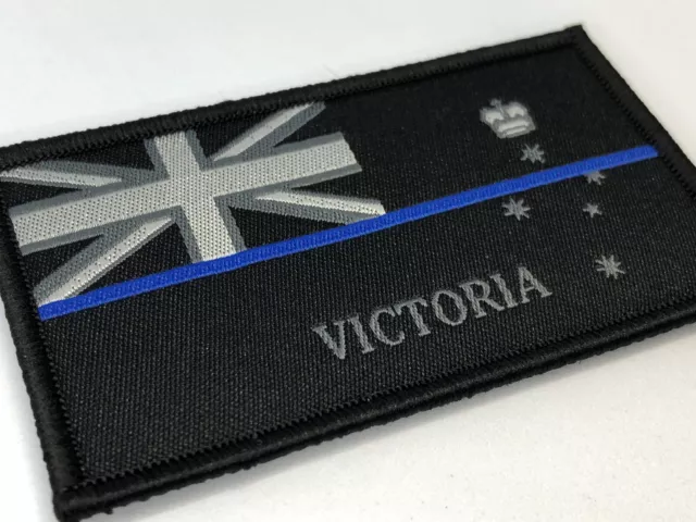 VIC Thin Blue Line, Woven Police Patch *, State Flag, Hooks Rear,TBL 2