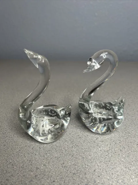 2 Art Glass Swans Paperweight Figurine Clear Controlled Bubbles Murano inspired