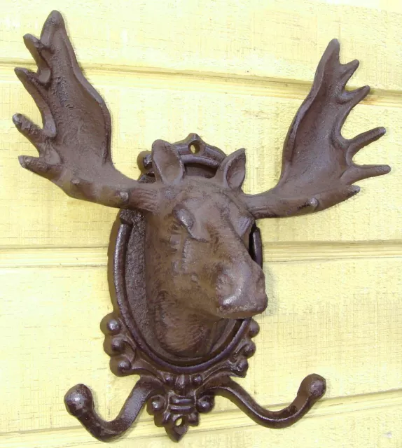 cast iron rustic MOOSE HEAD w/ ANTLERS wall hook Plaque