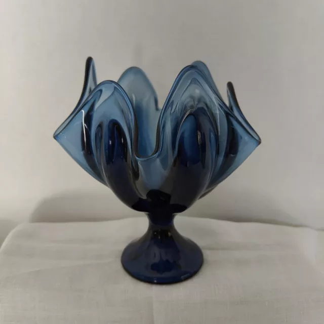 Viking Glass #1436 Charcoal Blue 6 Petal Crimped Compote Pulled Up 7" Minty !