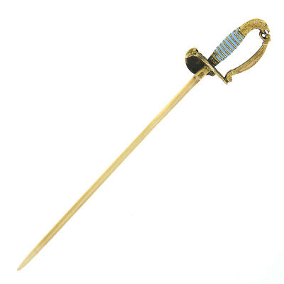 Antique Art Nouveau 14k Gold Sword w/ Repousse Work Bird Enamel Handle Stick Pin