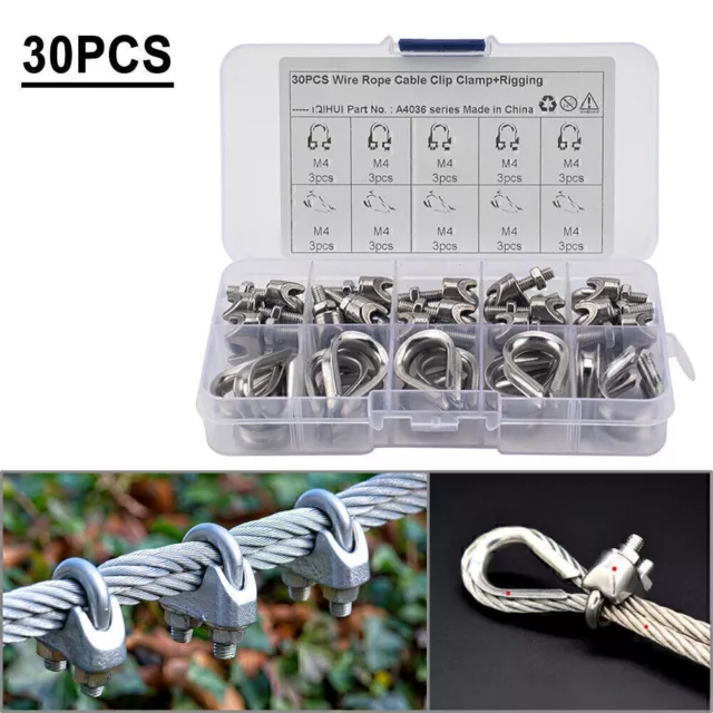 30 Pcs Stainless Steel M4 Wire Rope Fixed Clamps with Triangular Ring New