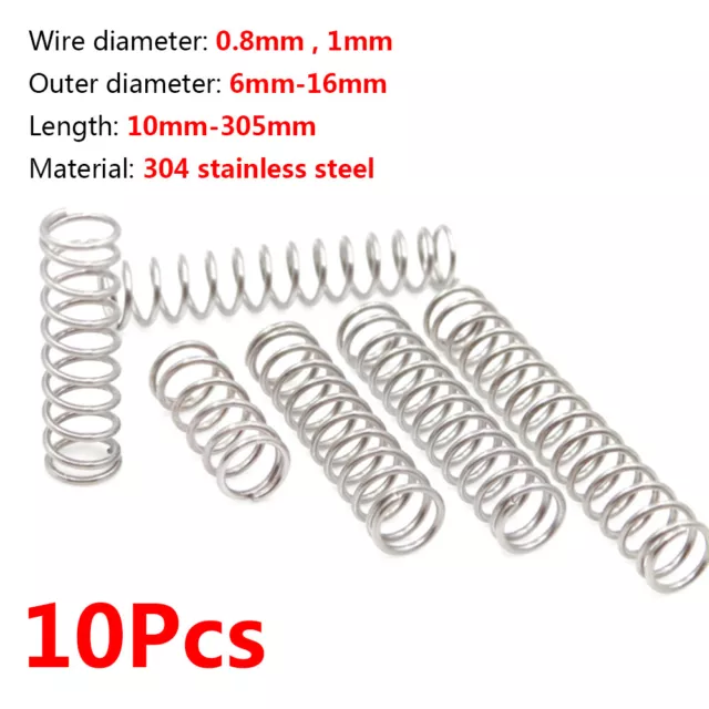 10Pcs 0.8mm / 1mm Wire Dia Compression Springs Stainless Steel Length 10mm-305mm