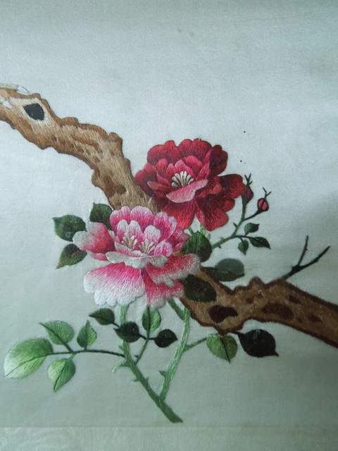 Panneau Mural Asiatique – Soie Brodée – Fleurs Et Oiseaux – Encadré – Vintage