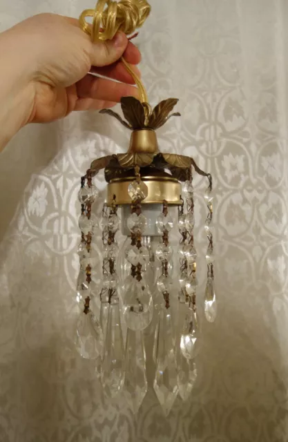 Hanging lily mini SWAG lamp Chandelier Crystal prism Brass Tole Pendant