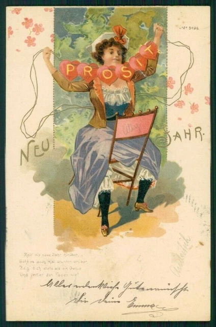 Art Nouveau Lady Happy New Year 5196 postcard TC5099