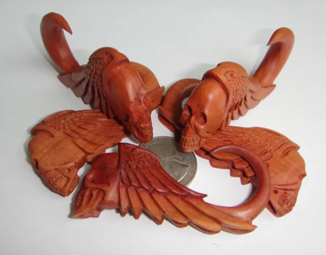 Pair Sawo Wood Hand Carved Skull Ear Hanging Taper Spiral Expander Plugs Gauges