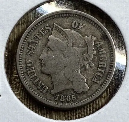 1865 US 3 Three Cent Nickel, Average Circulation.