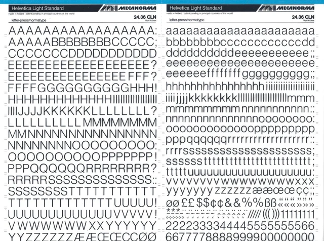 Hoja de Letras de Transferencia MECANORMA A3 #732 HELVETICA LUZ ESTÁNDAR 10,3mm
