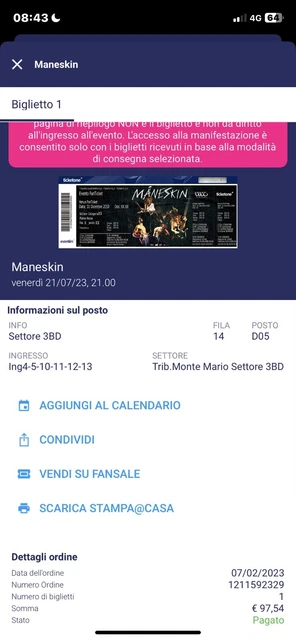 Biglietto concerto Maneskin Roma 21/07/2023