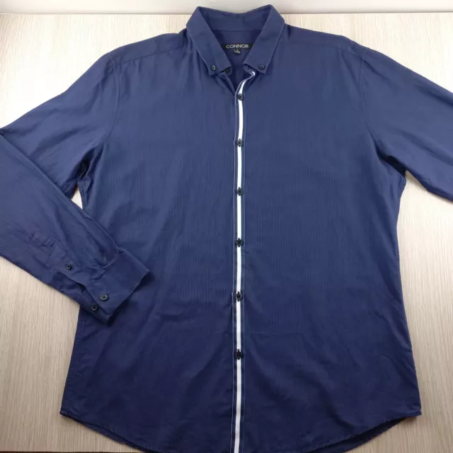 Long Sleeve Shirt Connor Men's Size L Collared Button Up Dark Blue Pinstripe