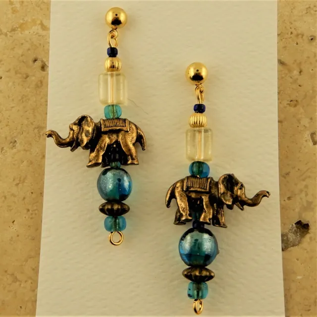 Gold African Elephant hand crafted beaded Earrings with blue glass beads