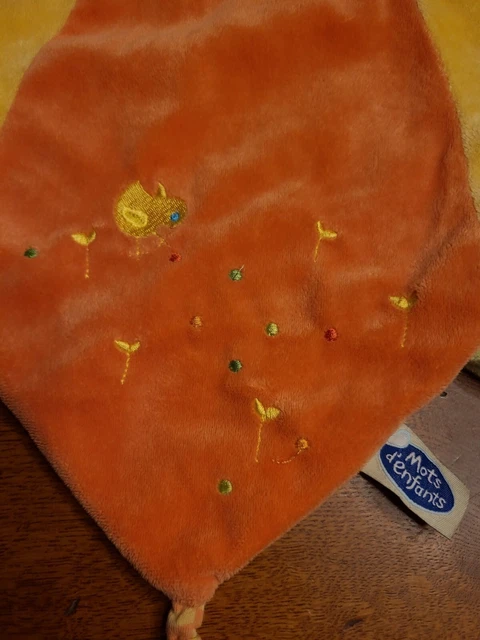 Doudou peluche MOTS D 'ENFANTS LAPIN ORANGE  JAUNE oiseau ÉTAT NEUF JAMAIS SERVI 3