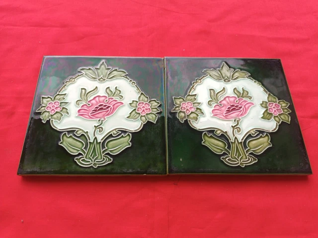 2 Piece Old Art Floral Design Embossed Majolica Ceramic Tiles Japan 0147 2