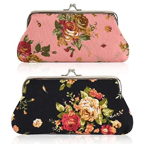 VIOCIWUO Floral Buckle Coin Purses Long Rose Vintage Kiss-Lock Change Purse L...