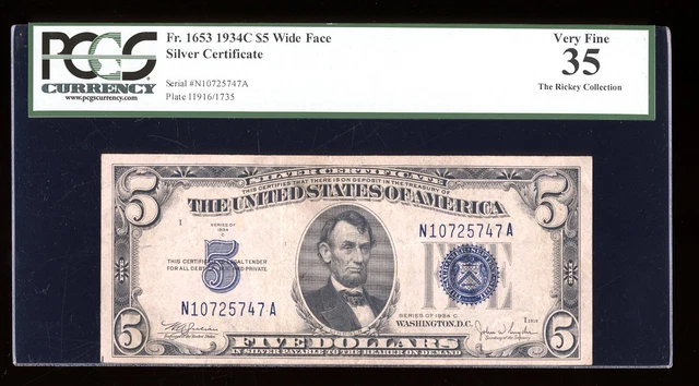 DBR $5 1934-C Silver Fr. 1653W NA Block Wide Face PCGS 35 Serial N10725747A