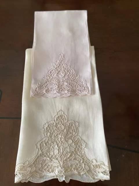 2 Vintage Guest TOWELS~MADEIRA Embroidered Cutwork ~Fine Linen ~1 Pink & 1 Ivory