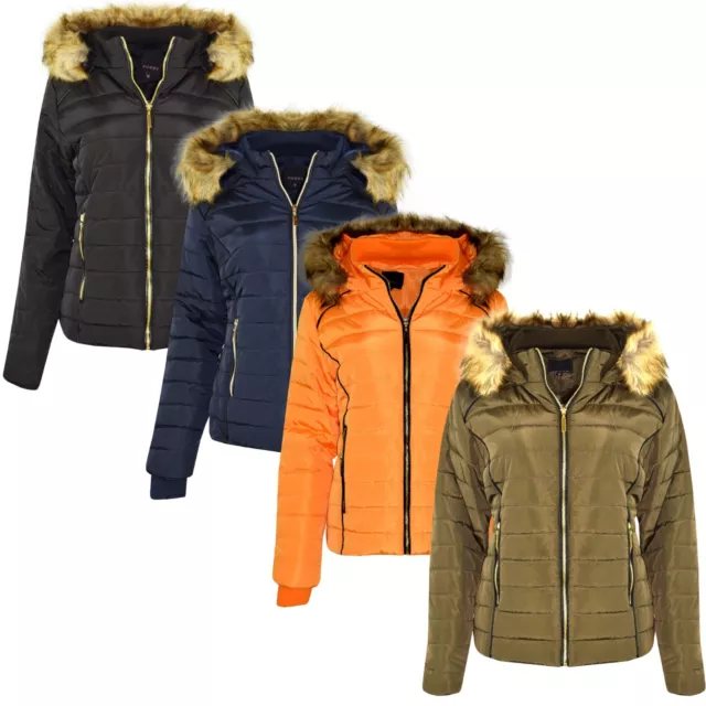 Neuf Femmes Matelassé Hiver Manteau Doudoune Capuche Fourrure Veste Parka 4