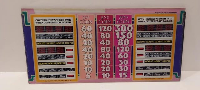 BALLY'S Jackpot Slot Machine Front Glass Panel Insert 17" x 8.25" vintage 1988
