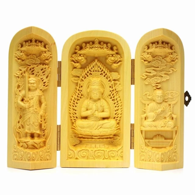 Shingon Sanzon(priest of esoteric Buddhism)buddha Wood Sculpture Carving boxtree