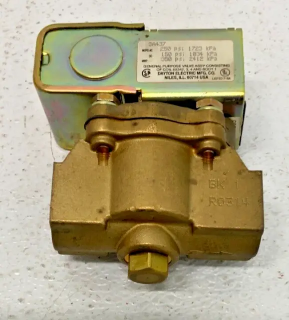 Dayton Electric 3A437 Grooved Brass Solenoid Valve 1" Diameter 6X542 Coil 64B